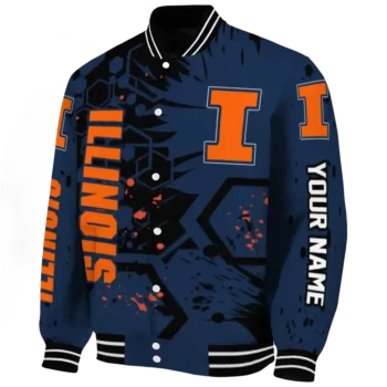 personalized illinois fighting illini hexagon cluster blue black varsity jacket best selling.webp