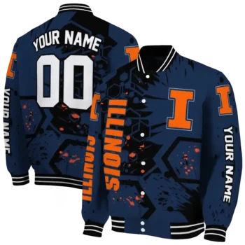 personalized illinois fighting illini hexagon cluster blue black varsity jacket fashion forward.webp