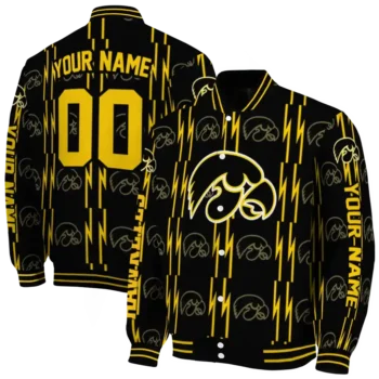 personalized iowa hawkeyes bolt stripe black varsity jacket fashion forward.webp