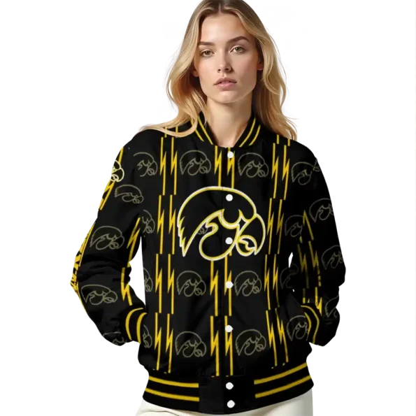 personalized iowa hawkeyes bolt stripe black varsity jacket latest model.webp