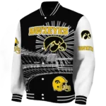 personalized iowa hawkeyes ferris arena black white varsity jacket best selling.webp