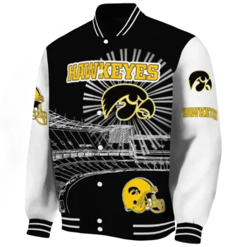 personalized iowa hawkeyes ferris arena black white varsity jacket best selling.webp