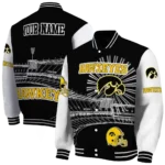 personalized iowa hawkeyes ferris arena black white varsity jacket best selling.webp