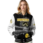 personalized iowa hawkeyes ferris arena black white varsity jacket best selling.webp