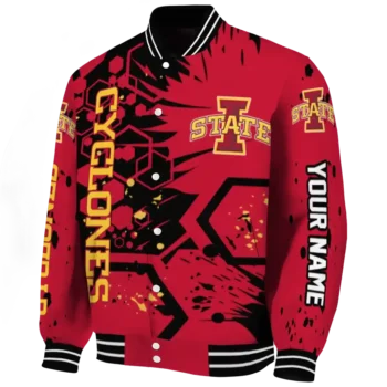 personalized iowa state cyclones hexagon cluster red black varsity jacket best selling.webp