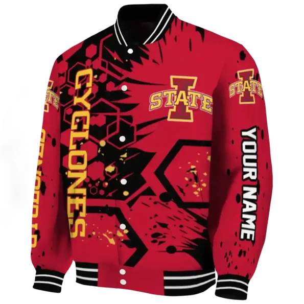 personalized iowa state cyclones hexagon cluster red black varsity jacket best selling.webp