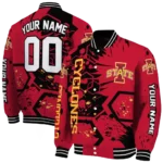 personalized iowa state cyclones hexagon cluster red black varsity jacket best selling.webp