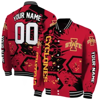 personalized iowa state cyclones hexagon cluster red black varsity jacket fashion forward.webp