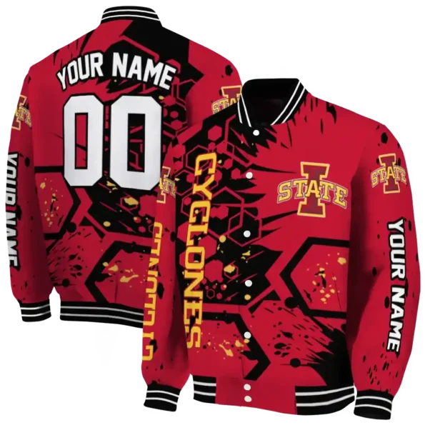personalized iowa state cyclones hexagon cluster red black varsity jacket fashion forward.webp