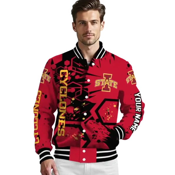 personalized iowa state cyclones hexagon cluster red black varsity jacket high quality.webp