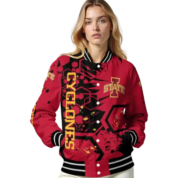 personalized iowa state cyclones hexagon cluster red black varsity jacket latest model.webp