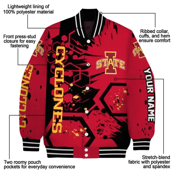 personalized iowa state cyclones hexagon cluster red black varsity jacket new arrival.webp