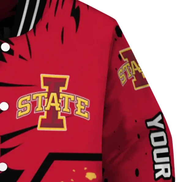 personalized iowa state cyclones hexagon cluster red black varsity jacket premium grade.webp