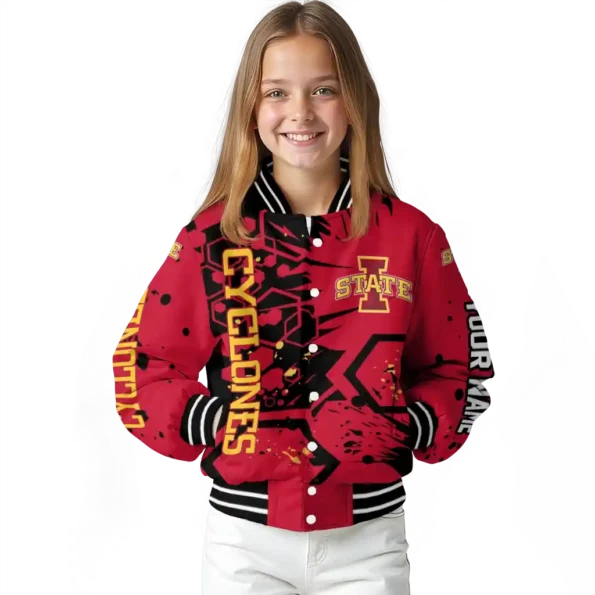 personalized iowa state cyclones hexagon cluster red black varsity jacket top rated.webp