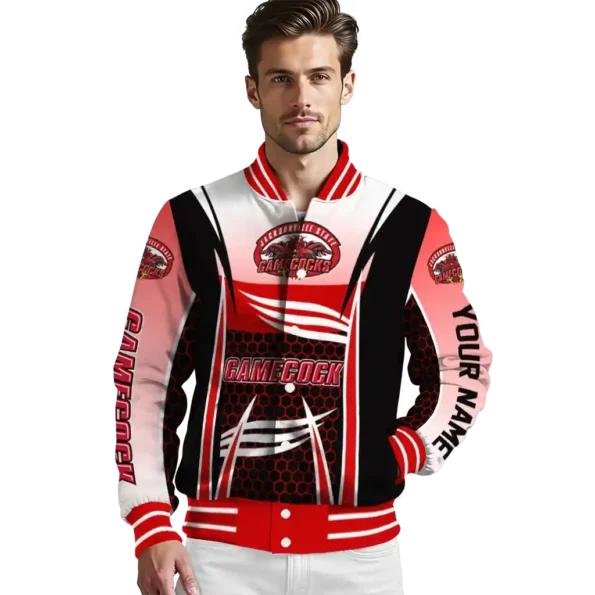 personalized jacksonville state gamecocks mesh effect red black varsity jacket high quality.webp