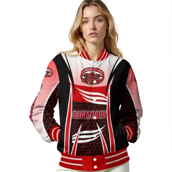 personalized jacksonville state gamecocks mesh effect red black varsity jacket latest model.webp