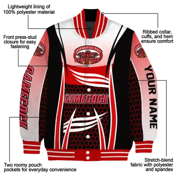 personalized jacksonville state gamecocks mesh effect red black varsity jacket new arrival.webp