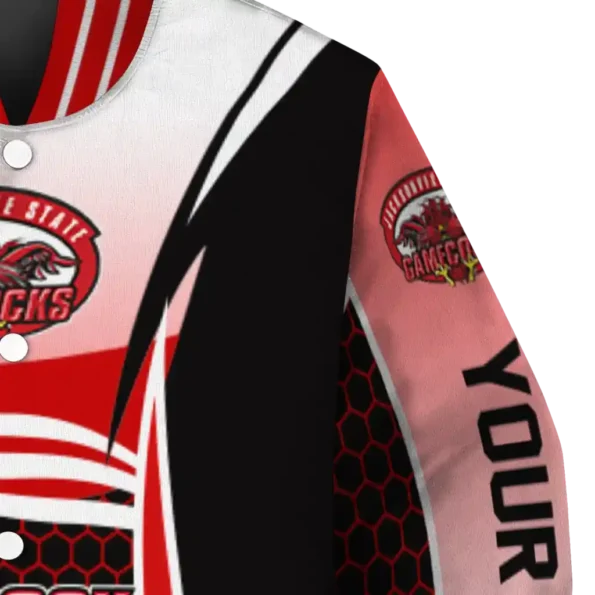 personalized jacksonville state gamecocks mesh effect red black varsity jacket premium grade.webp