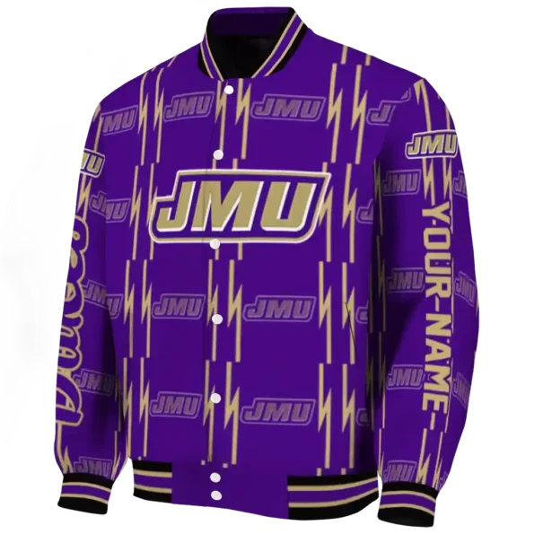 personalized james madison dukes bolt stripe purple varsity jacket best selling.webp