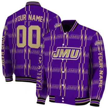personalized james madison dukes bolt stripe purple varsity jacket fashion forward.webp