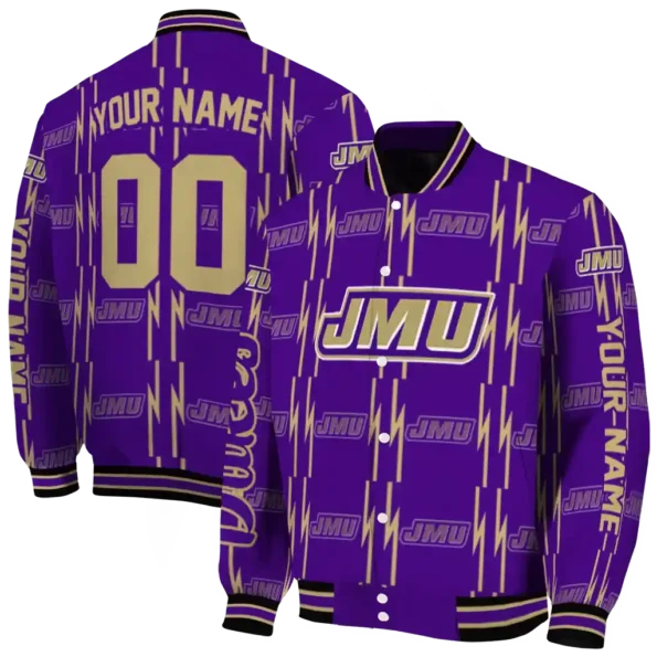 personalized james madison dukes bolt stripe purple varsity jacket fashion forward.webp