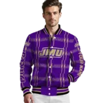 personalized james madison dukes bolt stripe purple varsity jacket best selling.webp