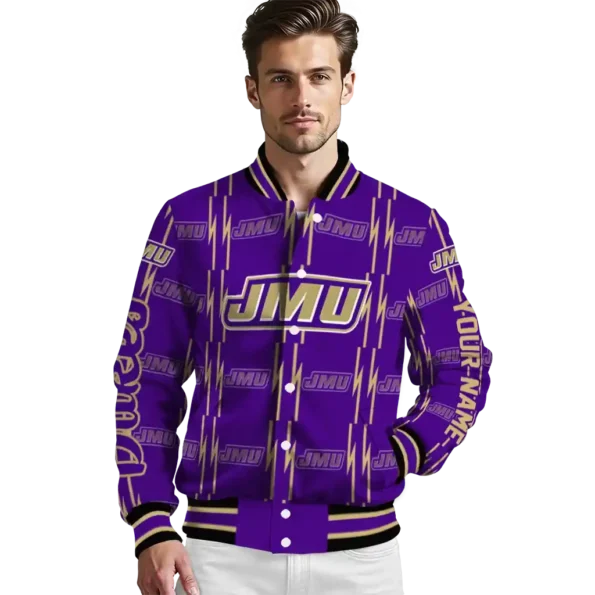 personalized james madison dukes bolt stripe purple varsity jacket high quality.webp
