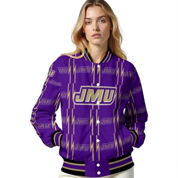 personalized james madison dukes bolt stripe purple varsity jacket latest model.webp