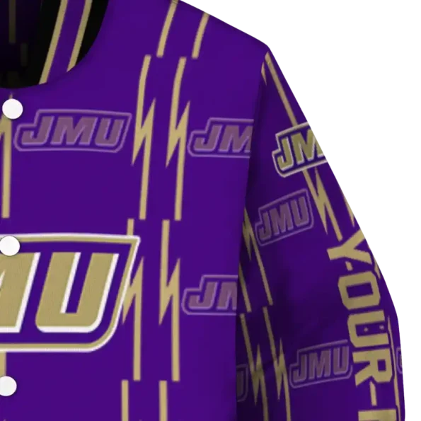 personalized james madison dukes bolt stripe purple varsity jacket premium grade.webp