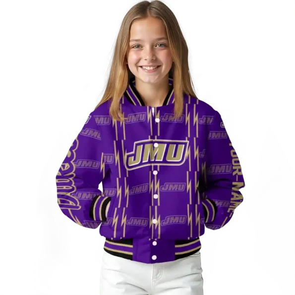 personalized james madison dukes bolt stripe purple varsity jacket top rated.webp