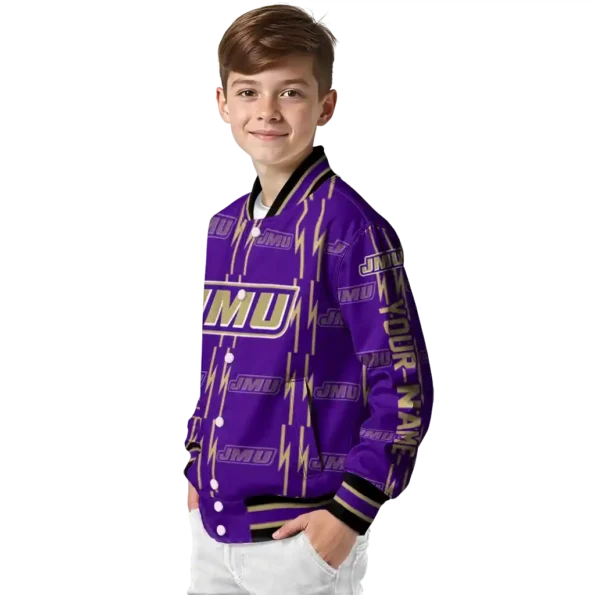 personalized james madison dukes bolt stripe purple varsity jacket trendy.webp