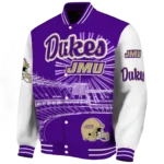 personalized james madison dukes ferris arena purple white varsity jacket best selling.webp