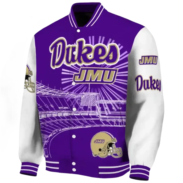 personalized james madison dukes ferris arena purple white varsity jacket best selling.webp