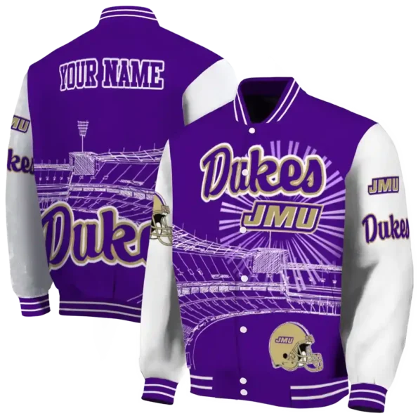 personalized james madison dukes ferris arena purple white varsity jacket fashion forward.webp