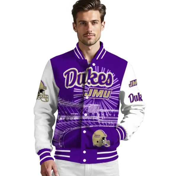 personalized james madison dukes ferris arena purple white varsity jacket high quality.webp
