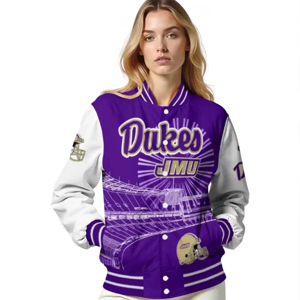 personalized james madison dukes ferris arena purple white varsity jacket latest model.webp