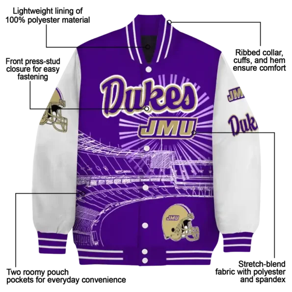 personalized james madison dukes ferris arena purple white varsity jacket new arrival.webp