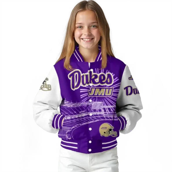 personalized james madison dukes ferris arena purple white varsity jacket top rated.webp