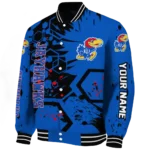 personalized kansas jayhawks hexagon cluster blue black varsity jacket best selling.webp