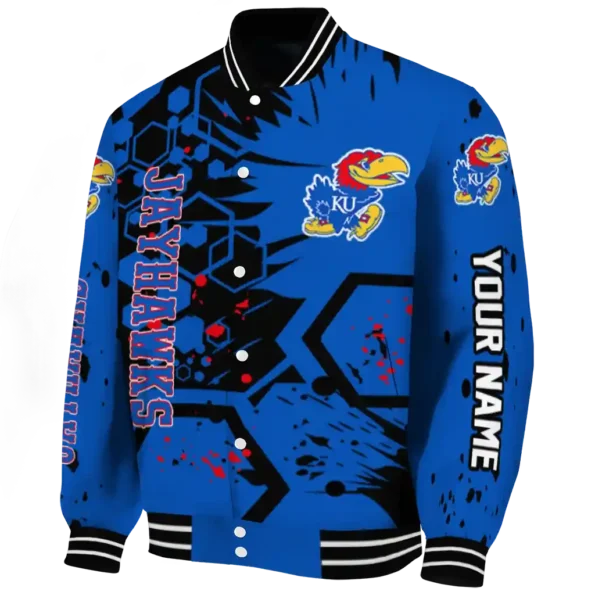 personalized kansas jayhawks hexagon cluster blue black varsity jacket best selling.webp