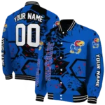 personalized kansas jayhawks hexagon cluster blue black varsity jacket best selling.webp