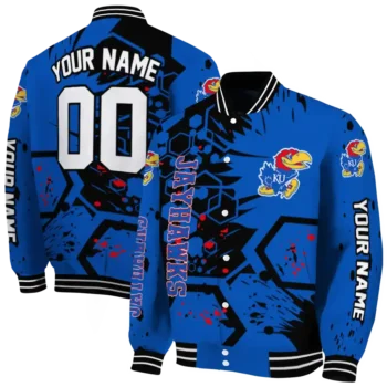 personalized kansas jayhawks hexagon cluster blue black varsity jacket fashion forward.webp