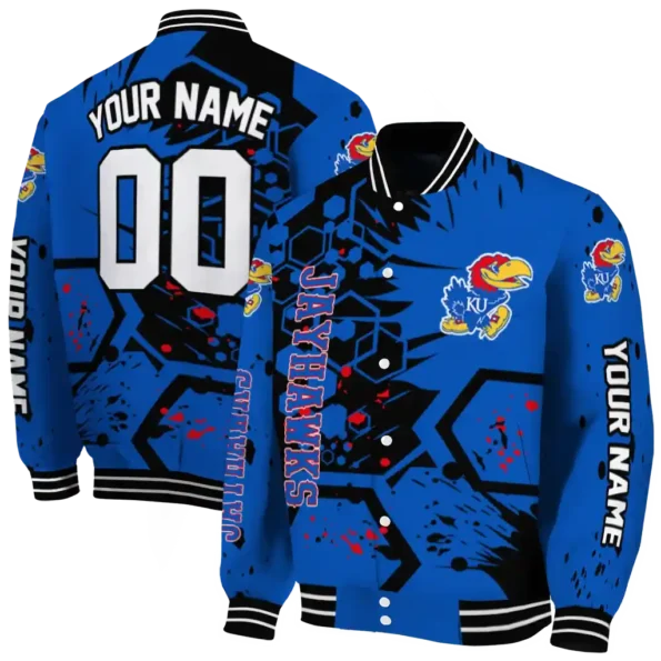 personalized kansas jayhawks hexagon cluster blue black varsity jacket fashion forward.webp