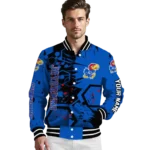personalized kansas jayhawks hexagon cluster blue black varsity jacket best selling.webp