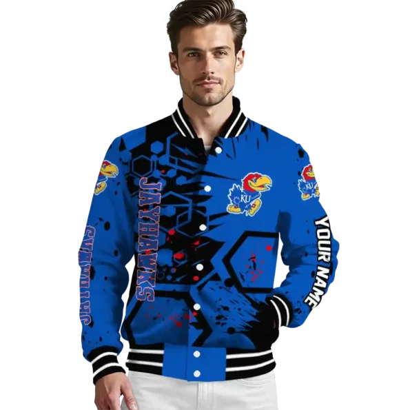 personalized kansas jayhawks hexagon cluster blue black varsity jacket high quality.webp