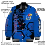 personalized kansas jayhawks hexagon cluster blue black varsity jacket best selling.webp