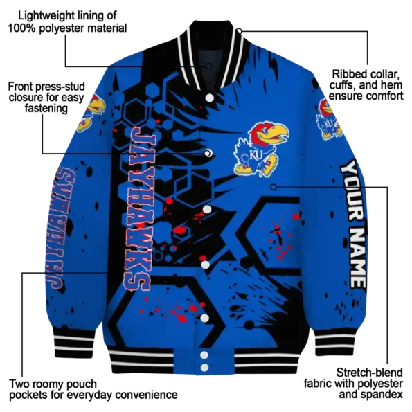 personalized kansas jayhawks hexagon cluster blue black varsity jacket new arrival.webp