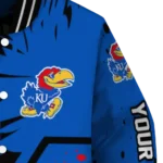 personalized kansas jayhawks hexagon cluster blue black varsity jacket best selling.webp