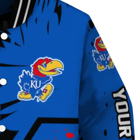 personalized kansas jayhawks hexagon cluster blue black varsity jacket premium grade.webp