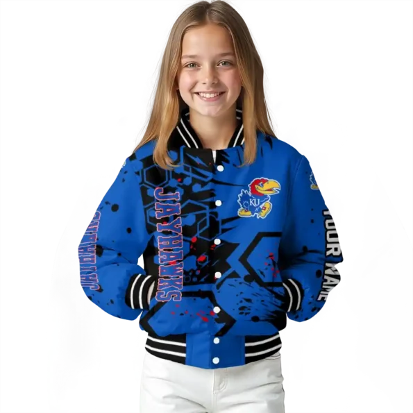 personalized kansas jayhawks hexagon cluster blue black varsity jacket top rated.webp